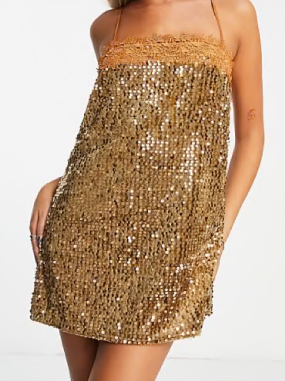 BNWT Free People Gold/Orange Sequin Mini Slip Dress with Lace Trim